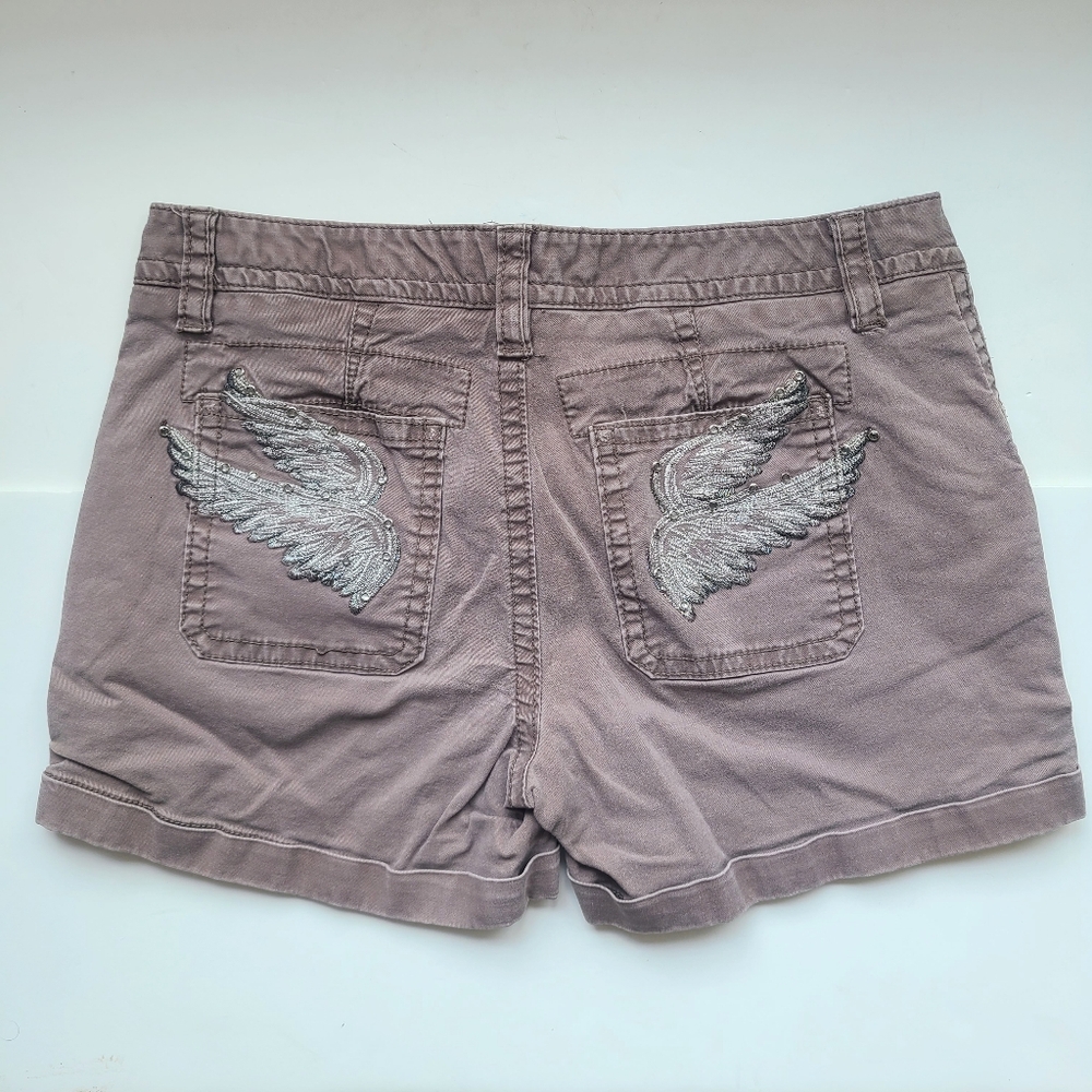 Miss Me Mauve Purple Cargo Denim Shorts Embroidered Wings Back Pockets - 28 - Picture 14 of 14